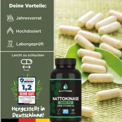 Nattokinase 2000 FU - JAHRESVORRAT - 365 Kapseln je 100mg (20.000 FU/g) - Deutsche Marke - BLATTWERK><noscript><img width=