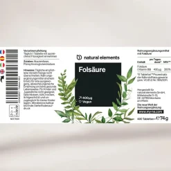 Folsäure – 400 Tabletten – 400mcg pro Tagesdosis – Kinderwunsch und Schwangerschaft>natural elements Hot