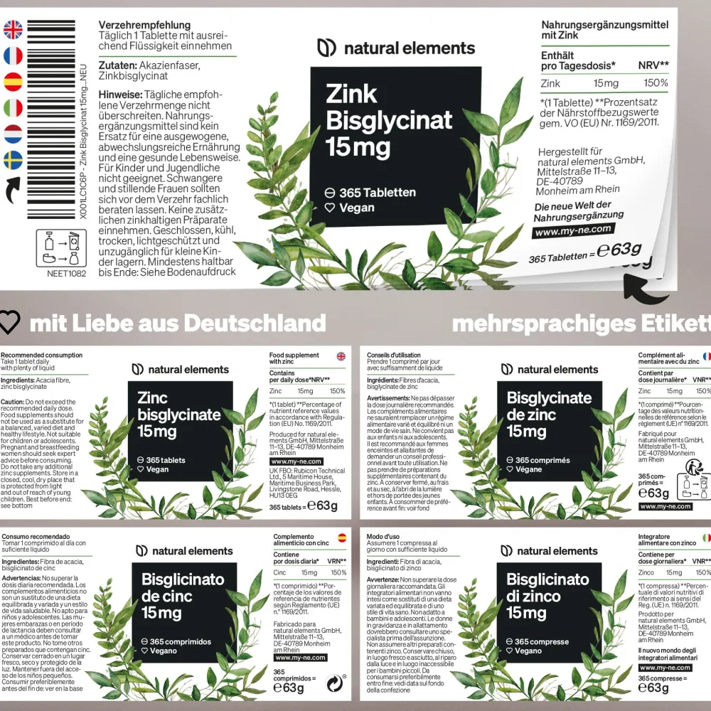 Zink 15mg – 365 Tabletten – gut verträgliches Zinkbisglycinat (Zink-Chelat)>natural elements Best