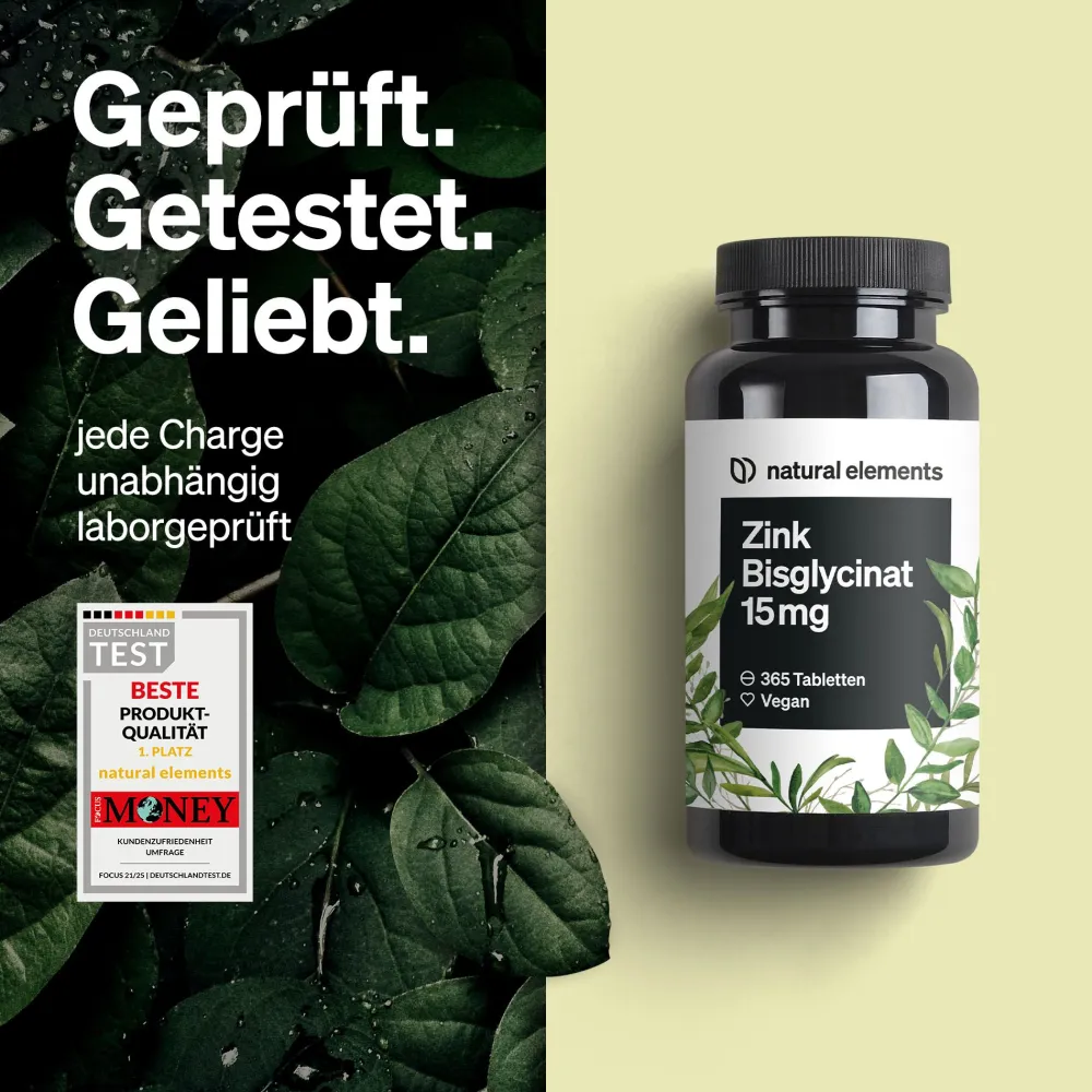 Zink 15mg – 365 Tabletten – gut verträgliches Zinkbisglycinat (Zink-Chelat)>natural elements Best