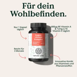 NATURE LOVE® Augenvitamin Komplex - 90 Kapseln mit Vitamin A - mit Lutein, Zeaxanthin und Vitamin E| Clearance
