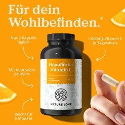 ® Gepuffertes Vitamin C - Hochdosiert mit 1000mg Vitamin C je Tagesdosis - 365 Kapseln|NATURE LOVE New