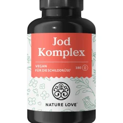 ® Jod Komplex Schilddrüse – 180 Kapseln – mit Jod, Selen, L-Tyrosin, Vitamin B & D|NATURE LOVE Clearance