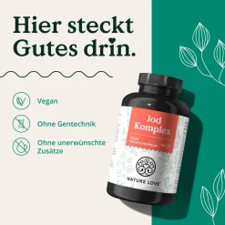 ® Jod Komplex Schilddrüse – 180 Kapseln – mit Jod, Selen, L-Tyrosin, Vitamin B & D|NATURE LOVE Clearance