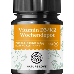 ® Vitamin D3 K2 Wochendepot – 180 Stück – 7000IE D3 + 140µg K2/Tablette >99,7% all-trans>NATURE LOVE Outlet