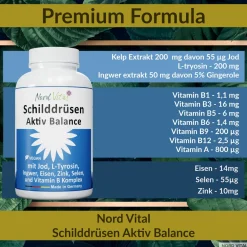 Nord Vital Schilddrüsen-Aktiv-Balance -13-in-1-Komplex mit Jod, L-Tyrosin, Ingwer, Selen, Eisen, uvm| Hot