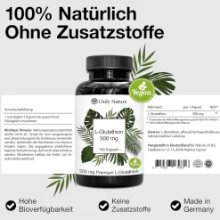 Only Nature® L Glutathion Hochdosiert 500 mg - Immunsystem & Entgifung - reduziertes L-Glutathion| Best