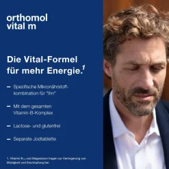 Orthomol Vital m für Männer - bei Müdigkeit - mit B-Vitaminen und Omega-3 - Granulat/Tabletten/Kapseln - Orangen-Geschmack><noscript><img width=