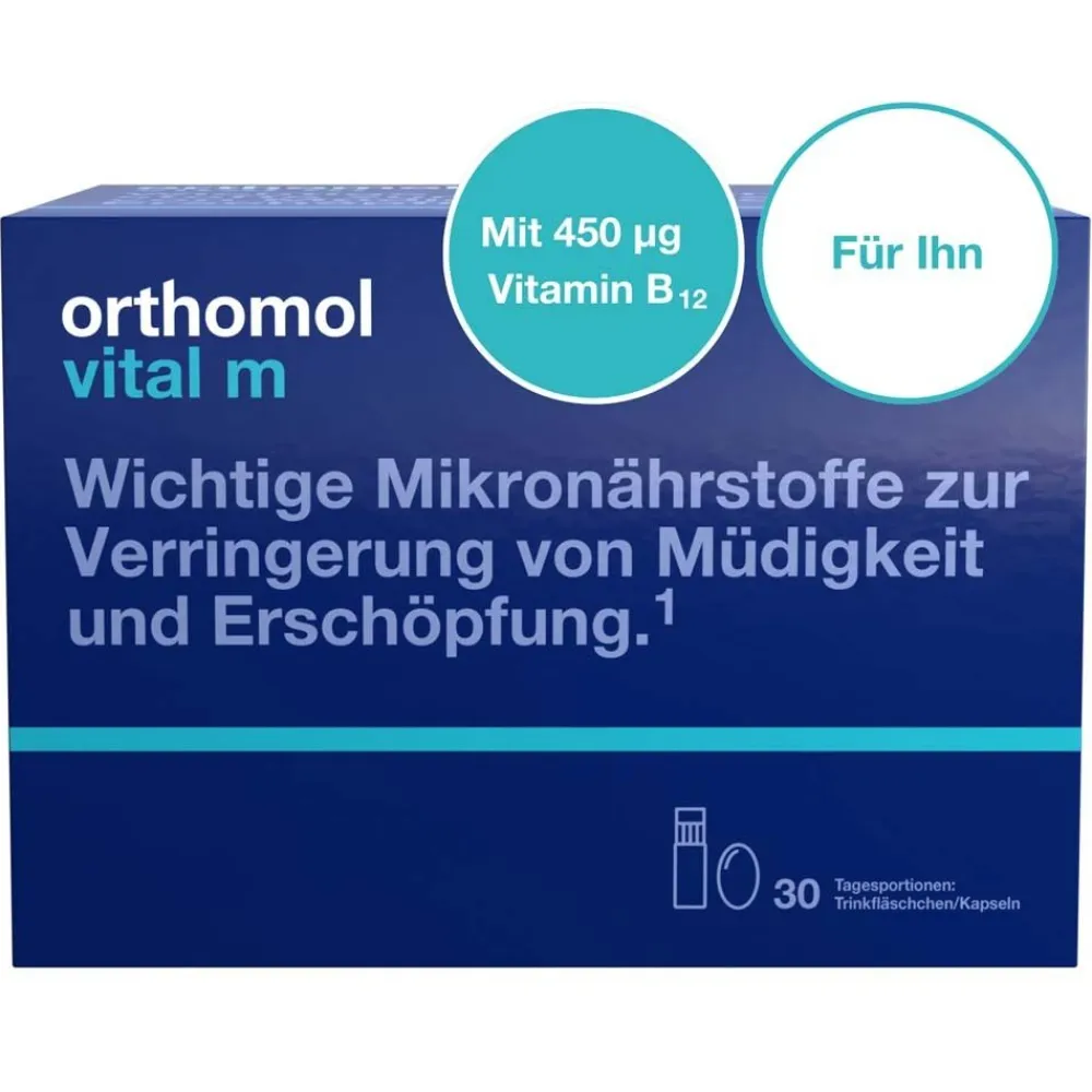 Vital m für Männer - bei Müdigkeit - mit B-Vitaminen, Omega-3 und Magnesium - Trinkampullen/Kapseln - Orangen-Geschmack>Orthomol Online