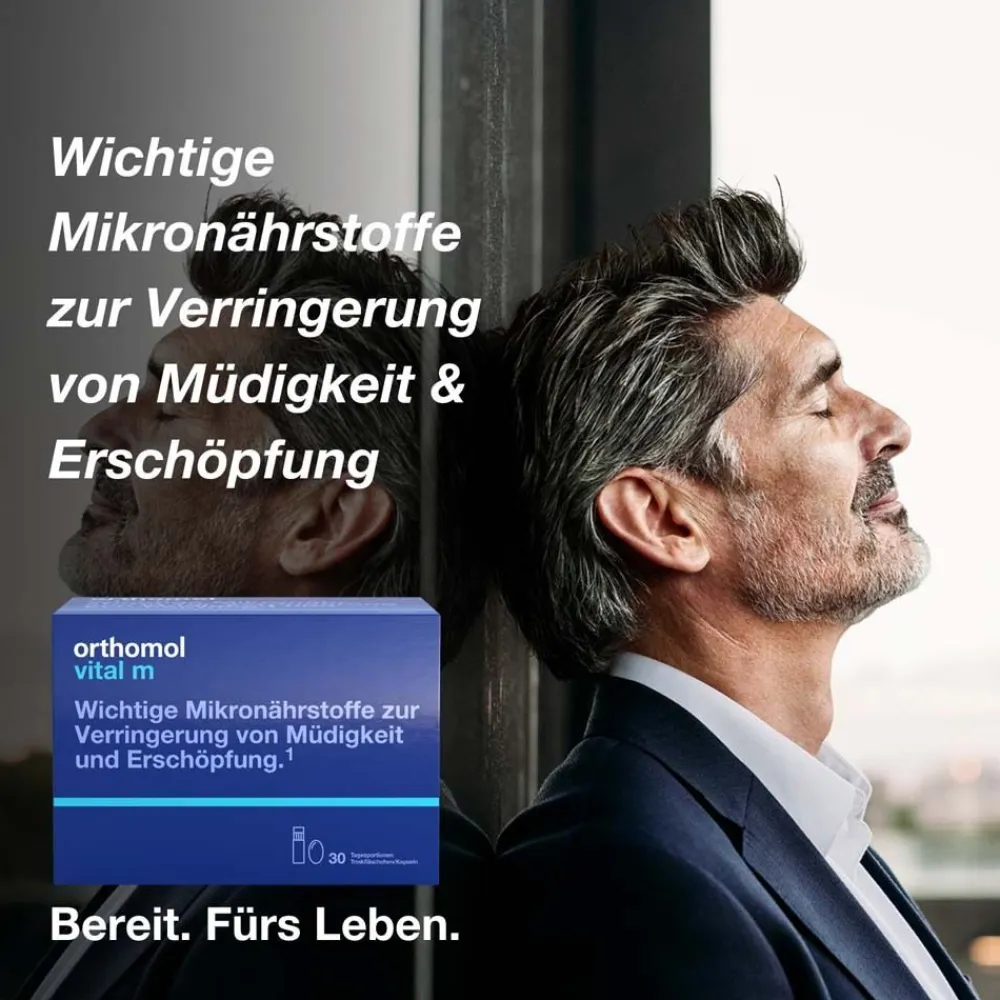 Vital m für Männer - bei Müdigkeit - mit B-Vitaminen, Omega-3 und Magnesium - Trinkampullen/Kapseln - Orangen-Geschmack>Orthomol Online
