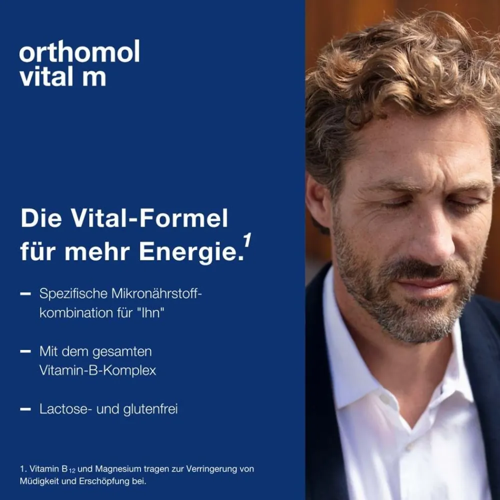 Vital m für Männer - bei Müdigkeit - mit B-Vitaminen, Omega-3 und Magnesium - Trinkampullen/Kapseln - Orangen-Geschmack>Orthomol Online