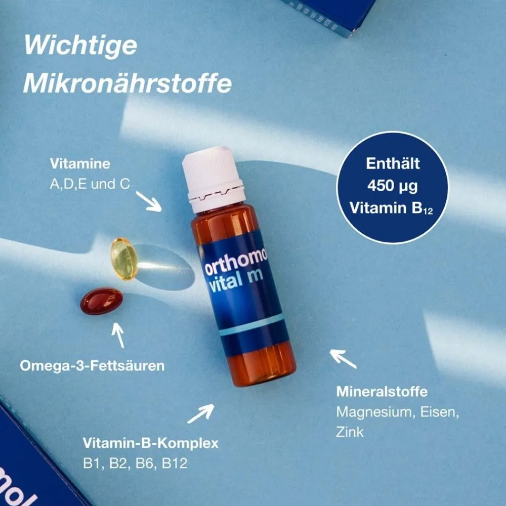 Vital m für Männer - bei Müdigkeit - mit B-Vitaminen, Omega-3 und Magnesium - Trinkampullen/Kapseln - Orangen-Geschmack>Orthomol Online