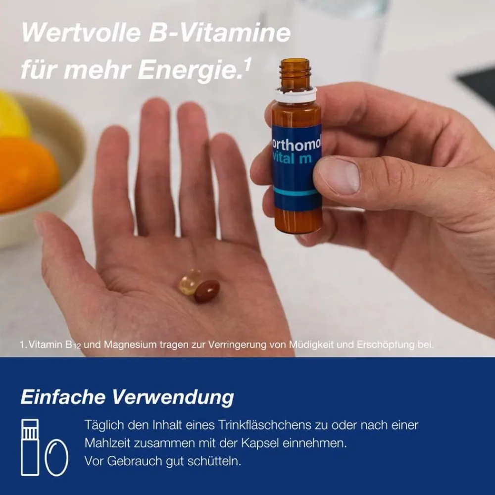 Vital m für Männer - bei Müdigkeit - mit B-Vitaminen, Omega-3 und Magnesium - Trinkampullen/Kapseln - Orangen-Geschmack>Orthomol Online