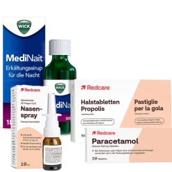 Paracetamol Redcare 500 mg gegen Schmerzen + WICK MediNait Erkältungssirup zur Linderung von 6 Erkältungssymptomen + Redcare Halstabletten Propolis + Redcare Xylo 0,1 % Nasenspray> Discount
