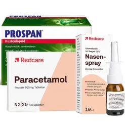 Paracetamol Redcare 500 mg gegen Schmerzen + Redcare Xylo 0,1 % Nasenspray + Prospan® Hustenliquid im Stickbeutel| Hot