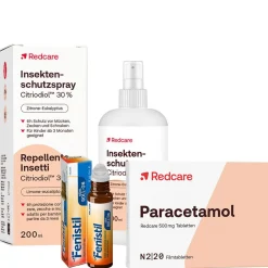 Paracetamol 500 mg gegen Schmerzen + Fenistil Kühl Roll-on, Kosmetikum beruhigt bei Insektenstichen + Insektenschutzspray Citriodiol™ 30 %>Redcare