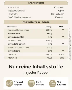 ® Augenvitamine mit Lutein Zeaxanthin Beta Carotin Vitamin A & Vitamin B2 - Weitblick|plantomol Best