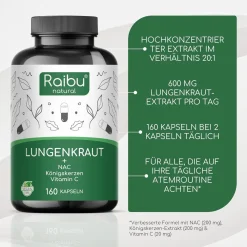 Lungenkraut Kapseln mit NAC, Königskerzen & Vitamin C|Raibu New