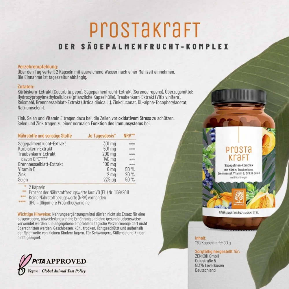 Sägepalmen-Komplex mit Kürbis, Traubenkern, Brennnessel & Vitamin E - PROSTAKRAFT - ®|NATURTREU Clearance