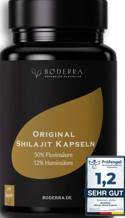 Shilajit 150 Kapseln - 50:1 Extrakt - 50% Fulvin- & 12% Huminsäure - laborgeprüft - BODERRA> Best