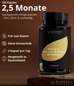 Shilajit 150 Kapseln - 50:1 Extrakt - 50% Fulvin- & 12% Huminsäure - laborgeprüft - BODERRA> Best