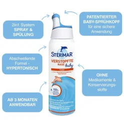 Stérimar Verstopfte Nase Baby, 100% natürliches Meerwasser Nasenspray, 2 in 1 Spray und Spülung, für Babys und Kinder ab 3 Monaten, 100ml|