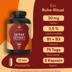 ® Safran Extrakt Kapseln - Markenrohstoff Affron® mit Vitamin B1 & B3|TRUE NATURE Discount