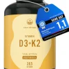 ® Vitamin D3 K2 hochdosiert - 2500 IE Vitamin D3 - 365 Tabletten (1 Jahr) - Testsieger|TRUE NATURE Hot