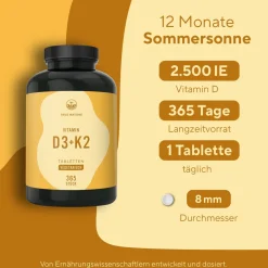® Vitamin D3 K2 hochdosiert - 2500 IE Vitamin D3 - 365 Tabletten (1 Jahr) - Testsieger|TRUE NATURE Hot