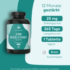 ® Zink Bisglycinat Tabletten Testsieger (Premium Markenrohstoff Albion®), 1 Jahr Vorrat>TRUE NATURE Best
