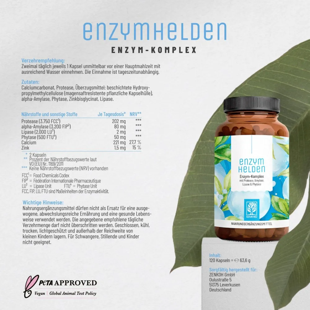 Verdauungsenzyme Enzym Komplex 120 vegane Kapseln Protease α-Amylase Lipase Enzymhelden NATURTREU®> Clearance
