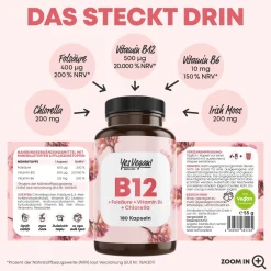 Vitamin B12 hochdosiert – B12 Komplex mit B6, Folsäure und Chlorella (180 Kapseln)|YesVegan Best