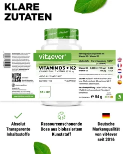 Vitamin D3 5.000 I.E. + Vitamin K2 100 mcg|vit4ever Outlet