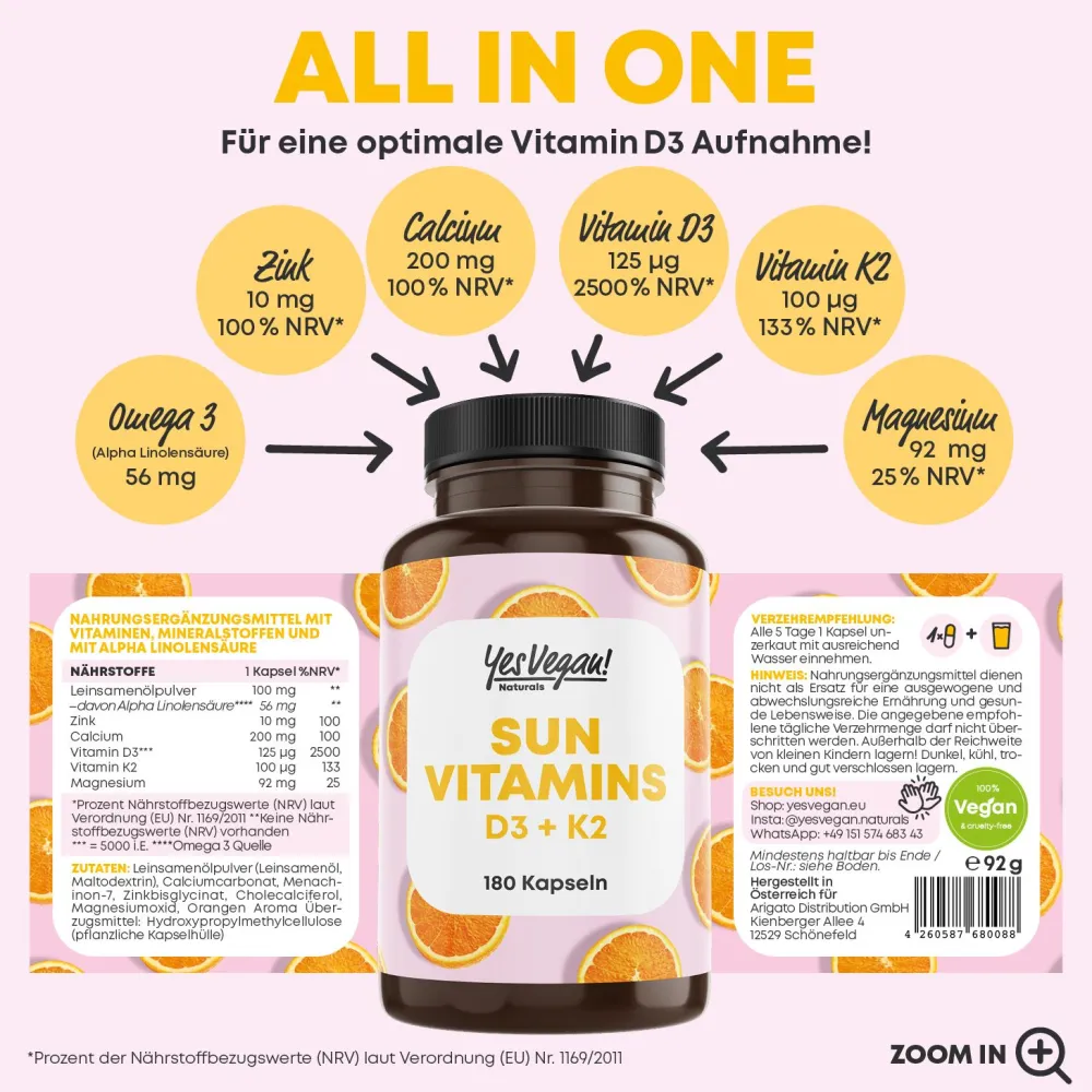 Vitamin D3 K2 Omega 3 + Calcium Magnesium und Zink - 180 Kapseln 5000 IE - Vitamin d hochdosiert>YesVegan Outlet