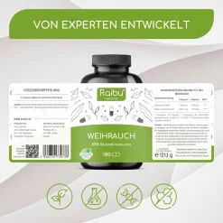 Weihrauch Kapseln Hochdosiert, 85% Boswelliasäuren, Deutschen Qualitätsstandards, 180 St ->Raibu
