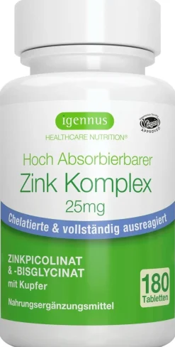 Zinkchelat 25 mg, Bisglycinat & Picolinat mit Kupfer, 180 hochdosierte Tabletten| Sale