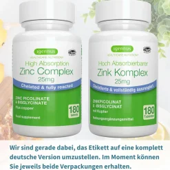 Zinkchelat 25 mg, Bisglycinat & Picolinat mit Kupfer, 180 hochdosierte Tabletten| Sale
