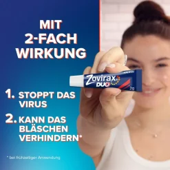 Duo Creme bei Lippenherpes. 5 % Aciclovir, 1 % Hydrocortison. 2 g Tube|ZOVIRAX New